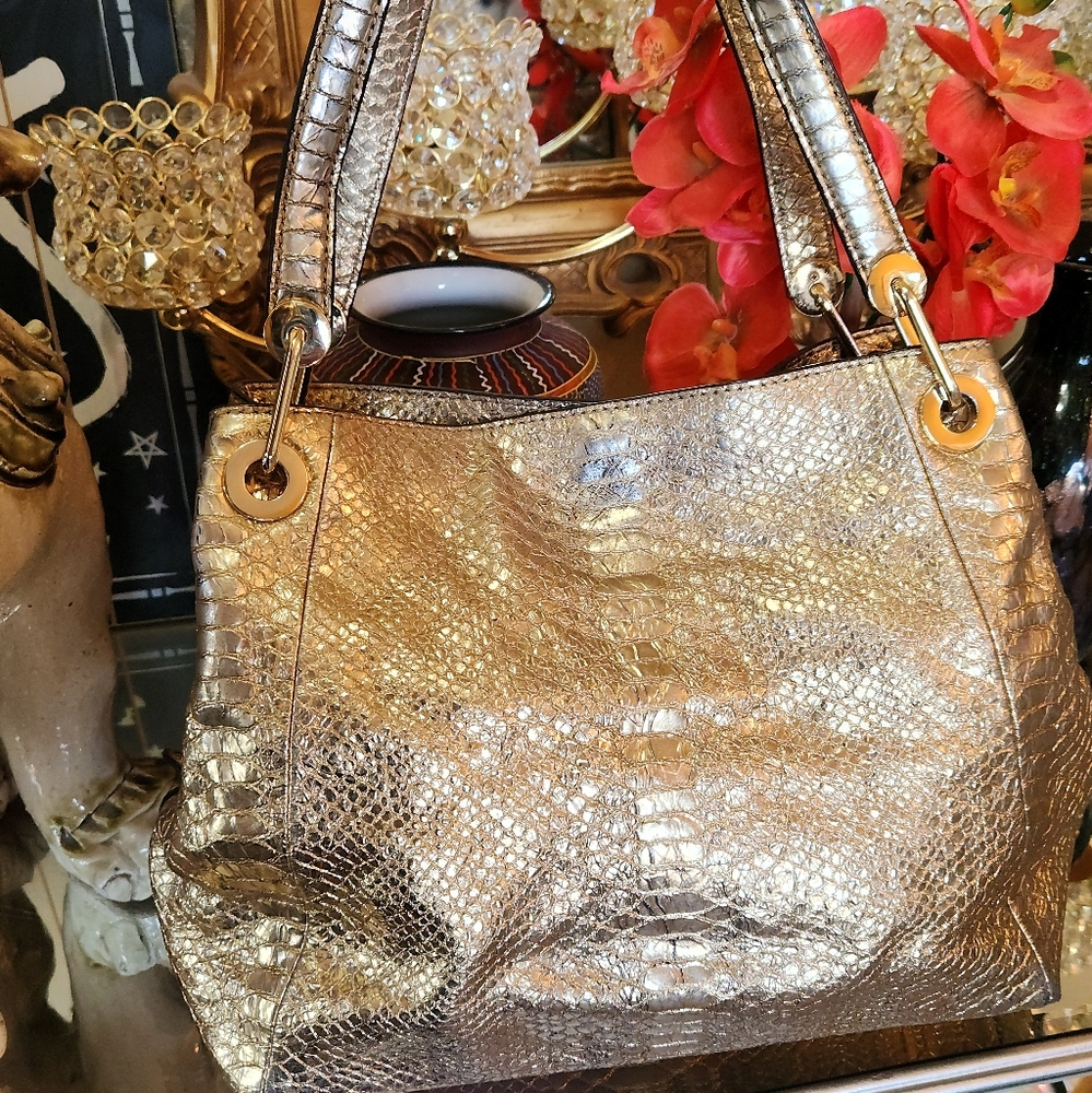 Michael Kors Python Gold Shoulder Tote - Picture 2 of 16